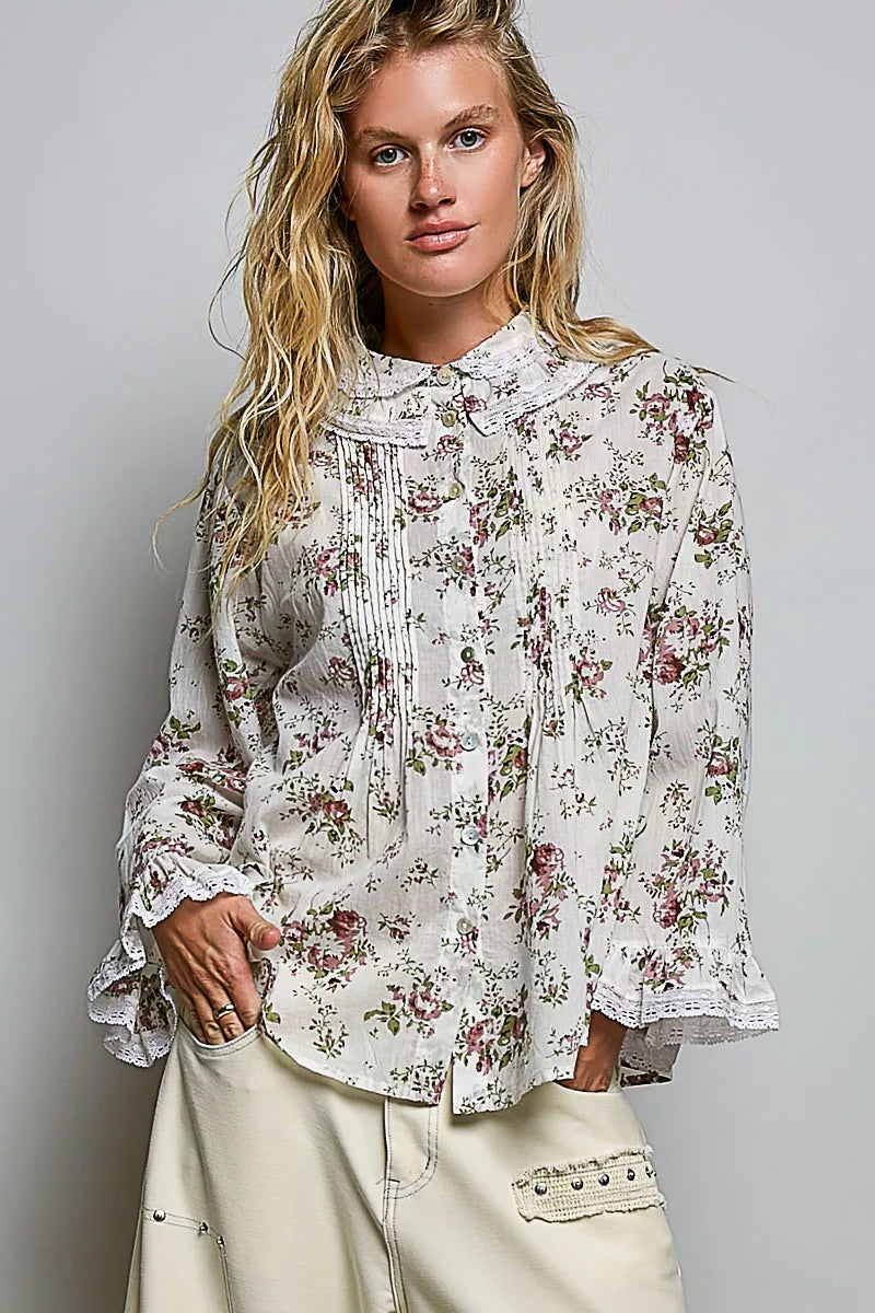 Pol Floral Lace Trim Pintuck Button-down Shirt view 4 (top) - pol floral lace top, pol floral shirt, po - shop at us.meeeshop
