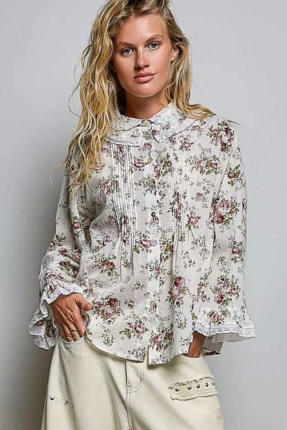 pol floral lace Pol Floral Lace Trim Pintuck Button-down Shirt view 4 (top) - shop at us.meeeshop