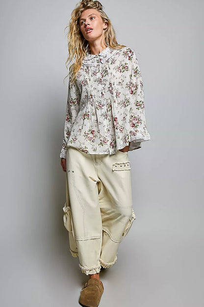 pol floral lace Pol Floral Lace Trim Pintuck Button-down Shirt view 5 (top) - shop at us.meeeshop