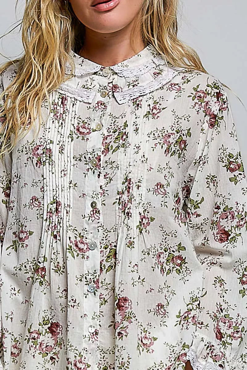Pol Floral Lace Trim Pintuck Button-down Shirt view 6 (top) - pol floral lace top, pol floral shirt, po - shop at us.meeeshop