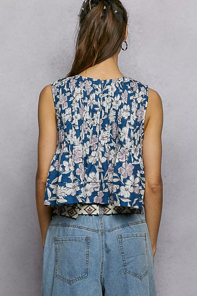 Pol Floral Round Neck Cropped Pintuck Tank view 4 (top) - pol tank, pol pintuck tank, pol floral round  - shop at us.meeeshop