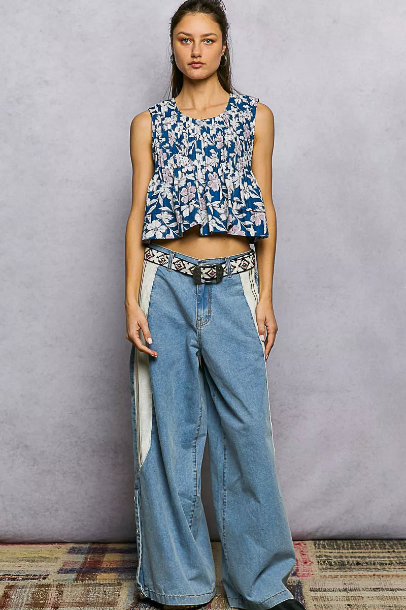 Pol Floral Round Neck Cropped Pintuck Tank view 5 (top) - pol tank, pol pintuck tank, pol floral round  - shop at us.meeeshop