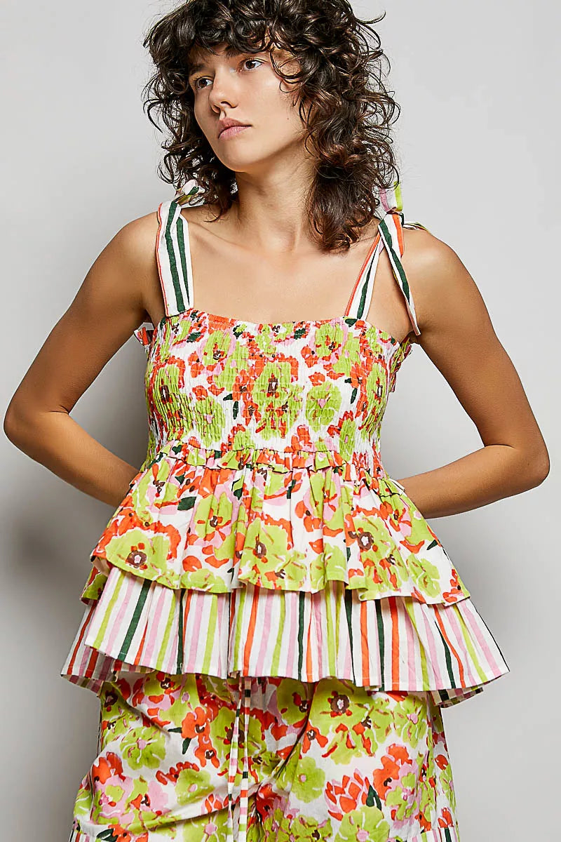 pol floral smocked Pol Floral Smocked Ruffled Cami with Tie Shoulder Straps view 4 (top) - shop at us.meeeshop