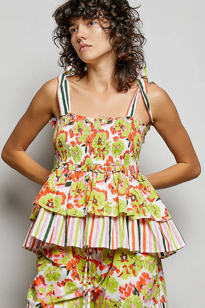 pol floral smocked Pol Floral Smocked Ruffled Cami with Tie Shoulder Straps view 4 (top) - shop at us.meeeshop