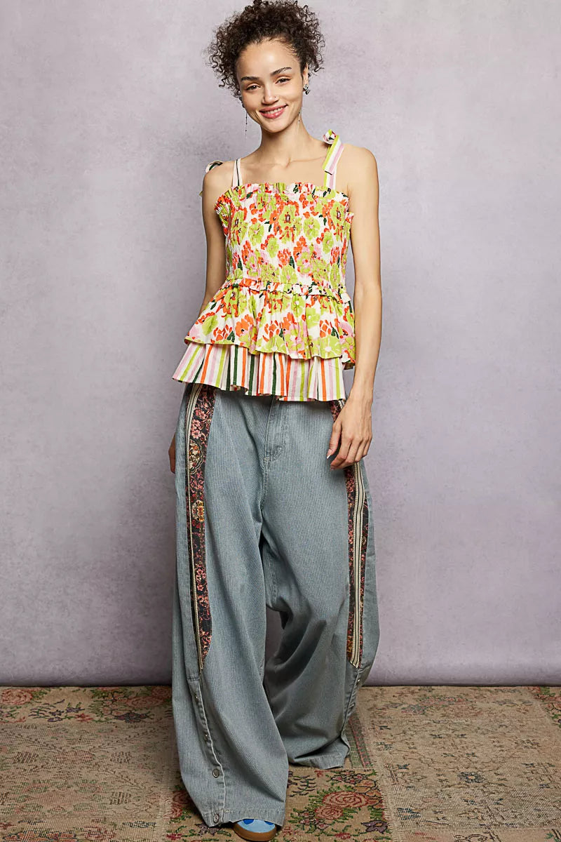 pol floral smocked Pol Floral Smocked Ruffled Cami with Tie Shoulder Straps view 6 (top) - shop at us.meeeshop