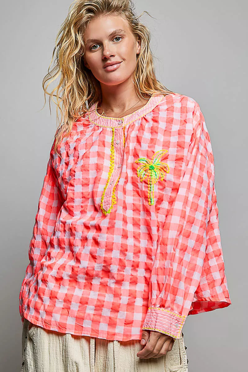 Pol Gingham Embroidered Palm Tree Blouse PINK MULTI (top) - pol blouse, pol tree blouse, pol gingham em - shop at us.meeeshop