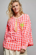 Pol Gingham Embroidered Palm Tree Blouse PINK MULTI (top) - pol blouse, pol tree blouse, pol gingham em - shop at us.meeeshop