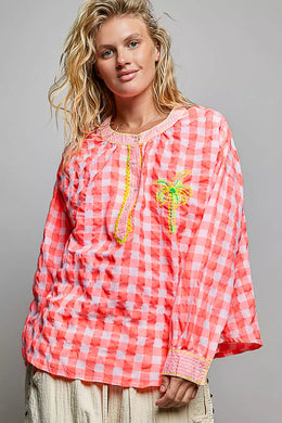 Pol Gingham Embroidered Palm Tree Blouse