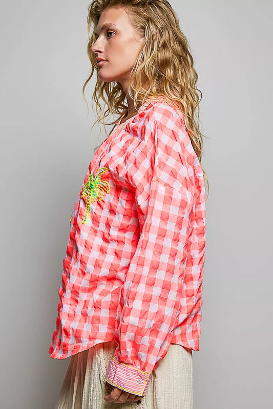 Pol Gingham Embroidered Palm Tree Blouse PINK MULTI view 2 (top) - pol blouse, pol tree blouse, pol gin - shop at us.meeeshop