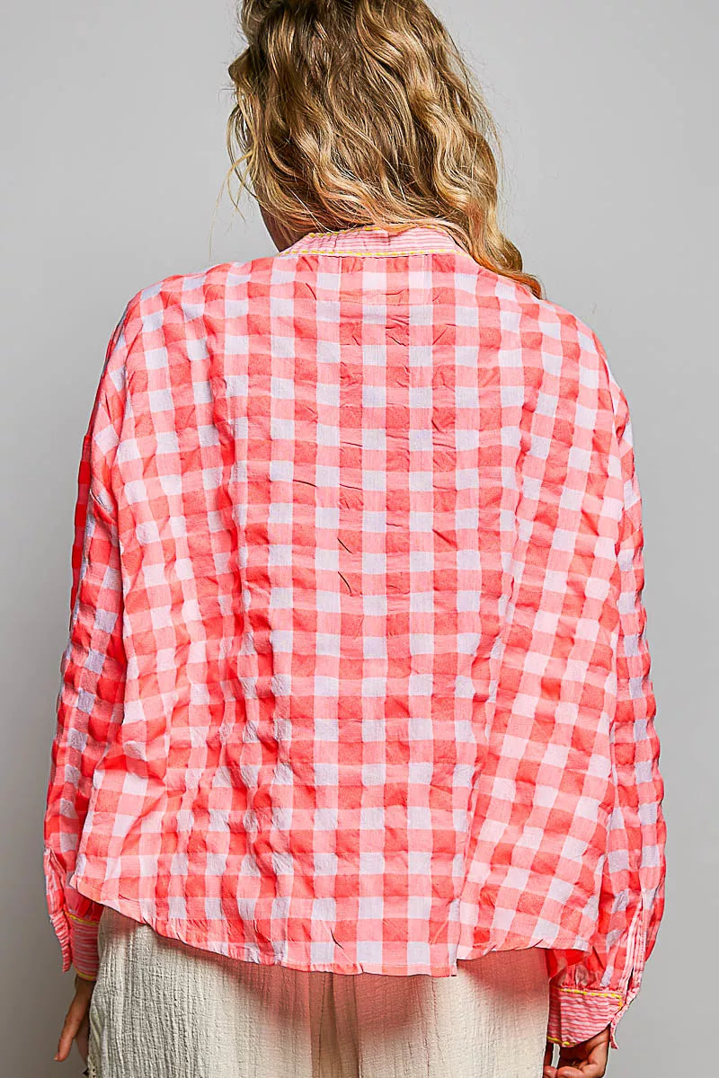 Pol Gingham Embroidered Palm Tree Blouse PINK MULTI view 3 (top) - pol blouse, pol tree blouse, pol gin - shop at us.meeeshop