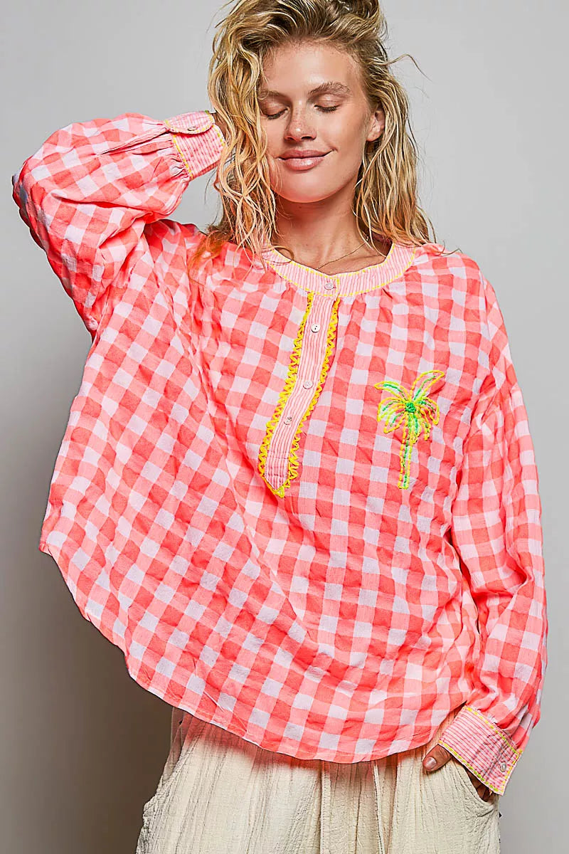 Pol Gingham Embroidered Palm Tree Blouse view 4 (top) - pol blouse, pol tree blouse, pol gingham embroi - shop at us.meeeshop