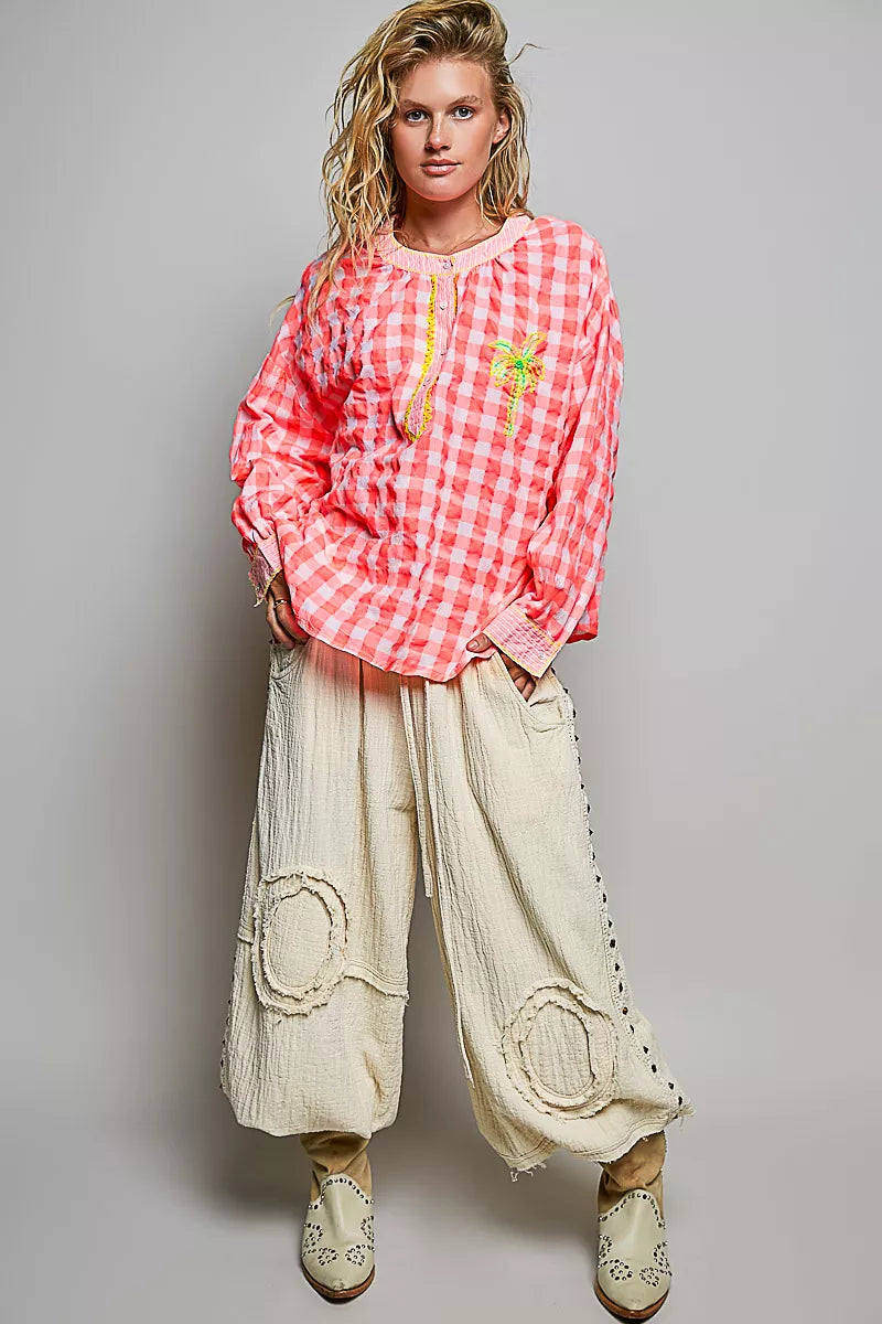 Pol Gingham Embroidered Palm Tree Blouse view 5 (top) - pol blouse, pol tree blouse, pol gingham embroi - shop at us.meeeshop