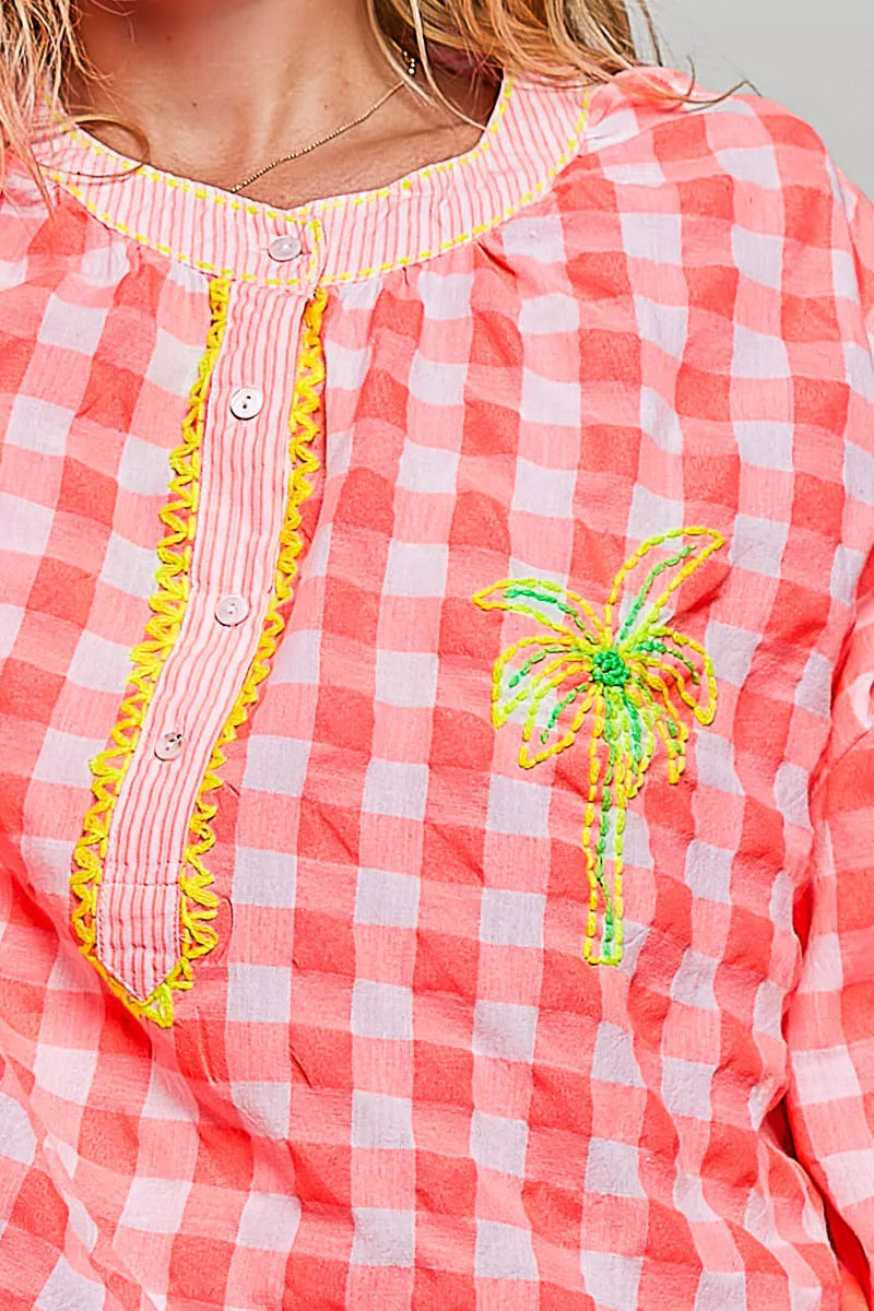 Pol Gingham Embroidered Palm Tree Blouse view 6 (top) - pol blouse, pol tree blouse, pol gingham embroi - shop at us.meeeshop