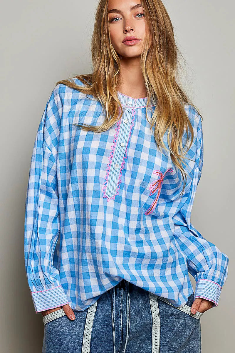 pol gingham embroidered Pol Gingham Embroidered Palm Tree Blouse BLUE MULTI (top) - shop at us.meeeshop