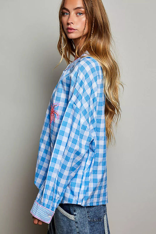 pol gingham embroidered Pol Gingham Embroidered Palm Tree Blouse view 2 (top) - shop at us.meeeshop