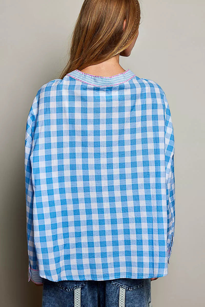 pol gingham embroidered Pol Gingham Embroidered Palm Tree Blouse view 3 (top) - shop at us.meeeshop
