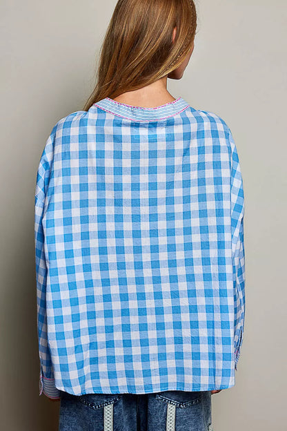 pol gingham embroidered Pol Gingham Embroidered Palm Tree Blouse view 3 (top) - shop at us.meeeshop