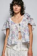 Pol Lace Detail Floral Tie Front Ruffle Short Sleeve Blouse OFF WHITE MULTI (top) - pol blouse, pol sho - shop at us.meeeshop