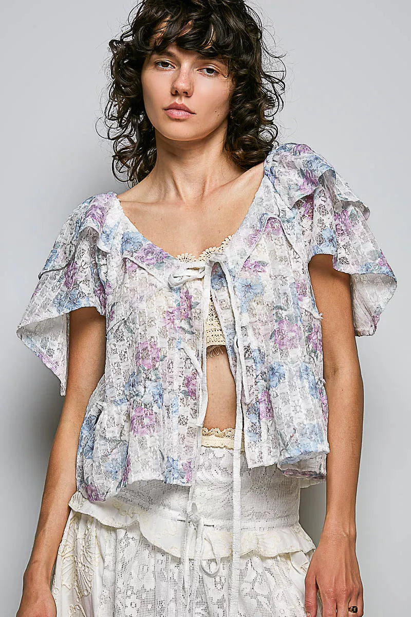Pol Lace Detail Floral Tie Front Ruffle Short Sleeve Blouse OFF WHITE MULTI (top) - pol blouse, pol sho - shop at us.meeeshop