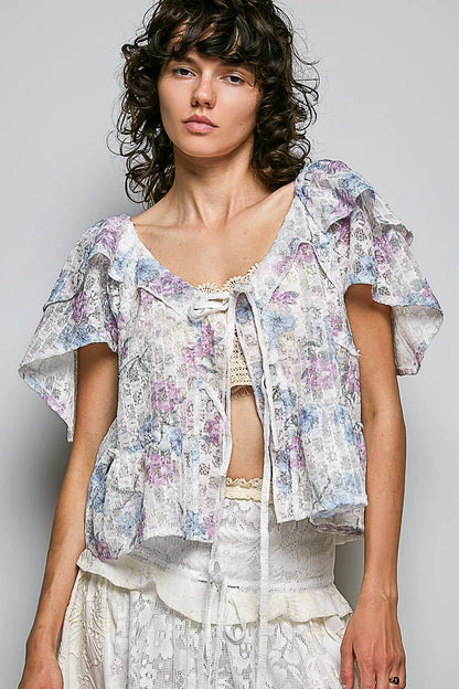 Pol Lace Detail Floral Tie Front Ruffle Short Sleeve Blouse OFF WHITE MULTI (top) - pol blouse, pol sho - shop at us.meeeshop