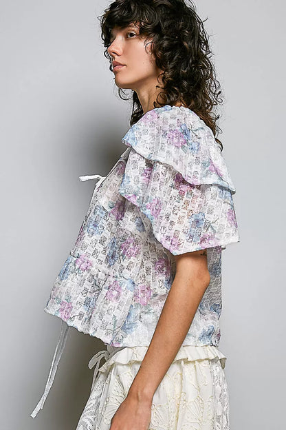 Pol Lace Detail Floral Tie Front Ruffle Short Sleeve Blouse OFF WHITE MULTI view 2 (top) - pol blouse,  - shop at us.meeeshop