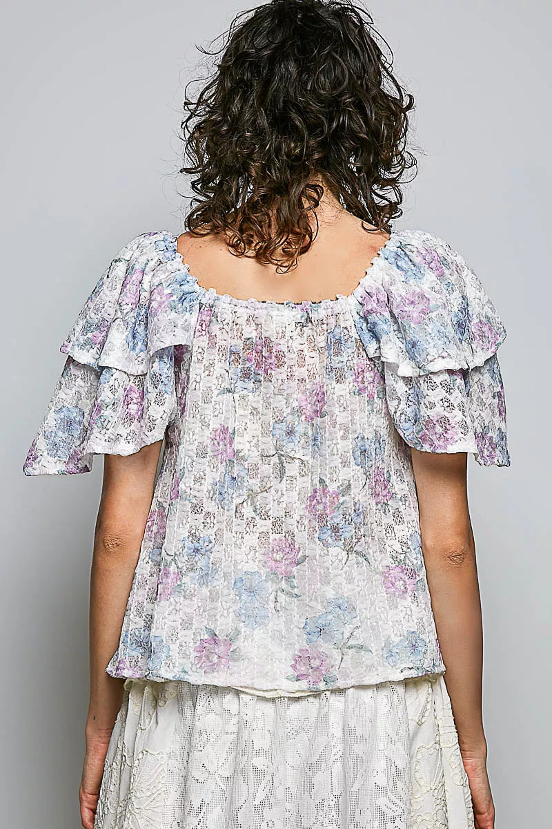 Pol Lace Detail Floral Tie Front Ruffle Short Sleeve Blouse OFF WHITE MULTI view 3 (top) - pol blouse,  - shop at us.meeeshop