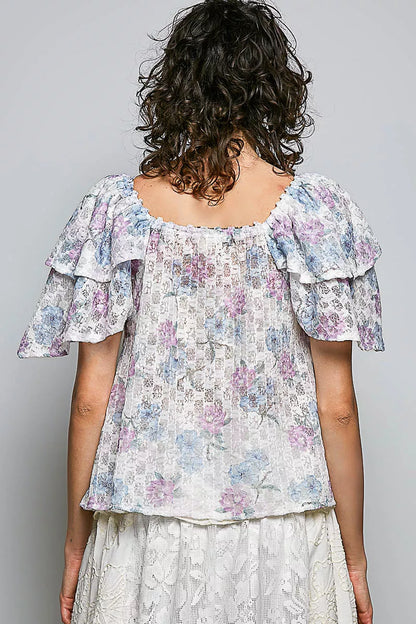 Pol Lace Detail Floral Tie Front Ruffle Short Sleeve Blouse OFF WHITE MULTI view 3 (top) - pol blouse,  - shop at us.meeeshop