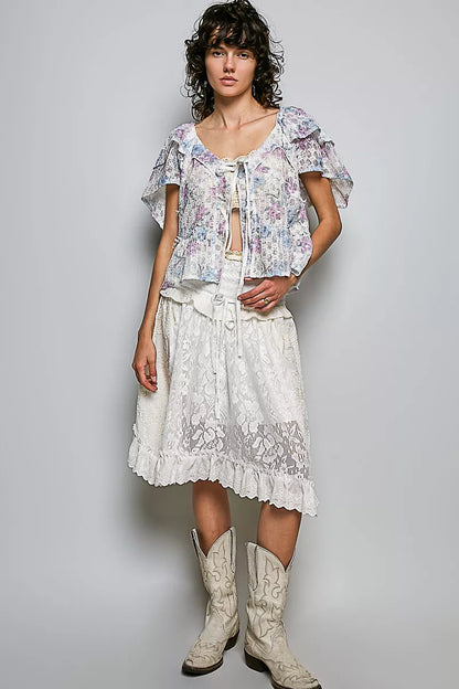 Pol Lace Detail Floral Tie Front Ruffle Short Sleeve Blouse view 4 (top) - pol blouse, pol short blouse - shop at us.meeeshop