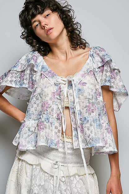 Pol Lace Detail Floral Tie Front Ruffle Short Sleeve Blouse view 5 (top) - pol blouse, pol short blouse - shop at us.meeeshop