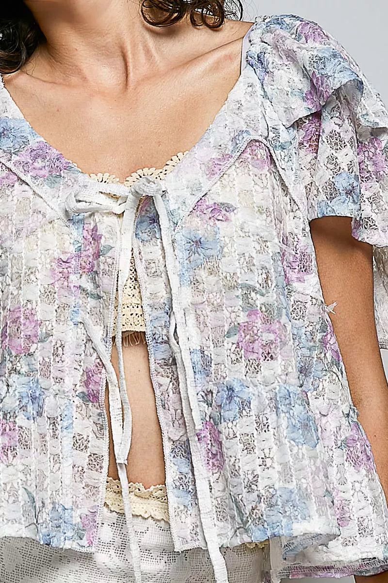 Pol Lace Detail Floral Tie Front Ruffle Short Sleeve Blouse view 6 (top) - pol blouse, pol short blouse - shop at us.meeeshop