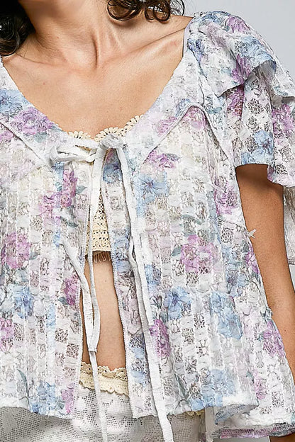 Pol Lace Detail Floral Tie Front Ruffle Short Sleeve Blouse view 6 (top) - pol blouse, pol short blouse - shop at us.meeeshop