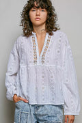 pol lace eyelet Pol Lace Eyelet Long Sleeve Cotton Blouse OFF WHITE (top) - shop at us.meeeshop