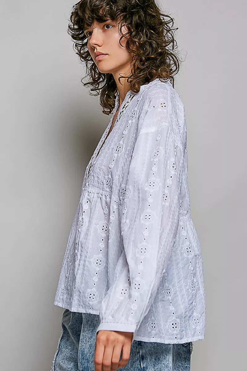 pol lace eyelet Pol Lace Eyelet Long Sleeve Cotton Blouse view 2 (top) - shop at us.meeeshop