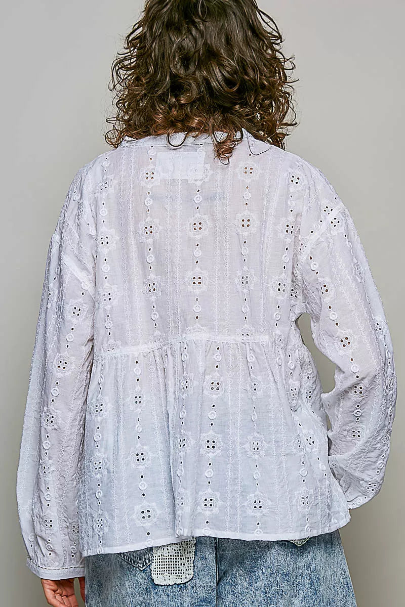 pol lace eyelet Pol Lace Eyelet Long Sleeve Cotton Blouse view 3 (top) - shop at us.meeeshop