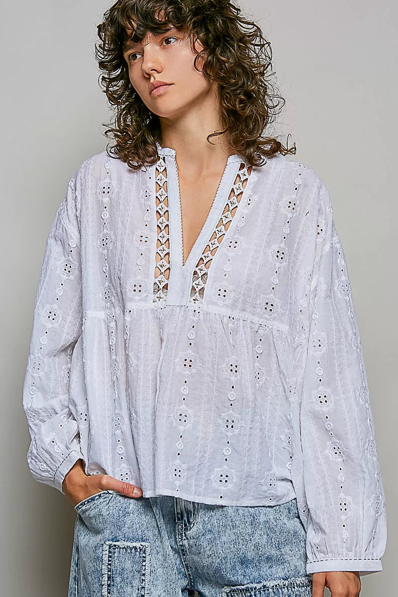 pol lace eyelet Pol Lace Eyelet Long Sleeve Cotton Blouse view 4 (top) - shop at us.meeeshop