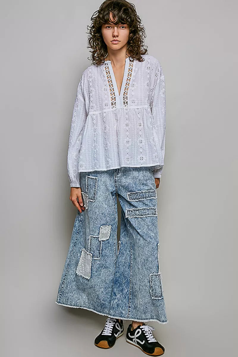pol lace eyelet Pol Lace Eyelet Long Sleeve Cotton Blouse view 5 (top) - shop at us.meeeshop