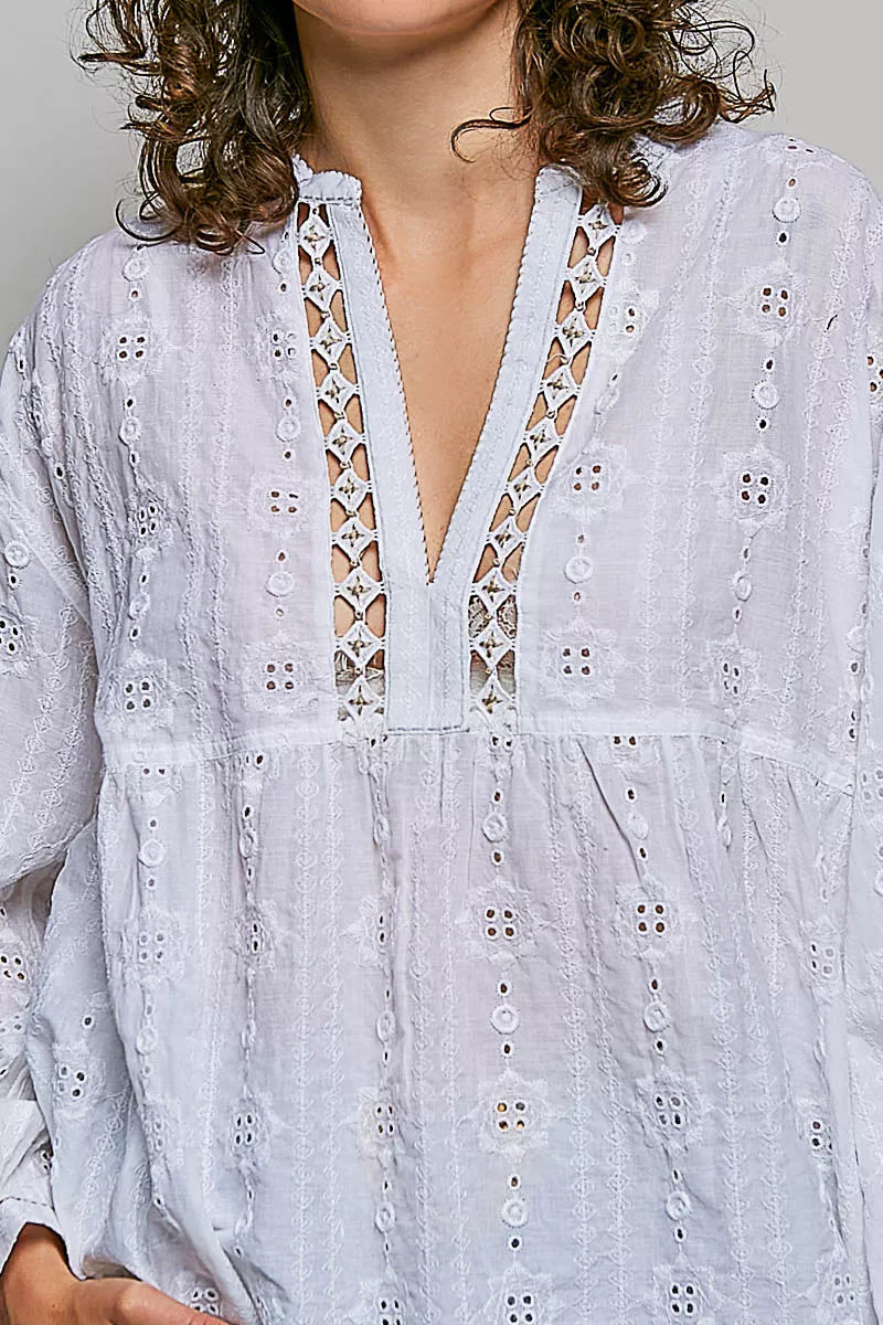 pol lace eyelet Pol Lace Eyelet Long Sleeve Cotton Blouse view 6 (top) - shop at us.meeeshop