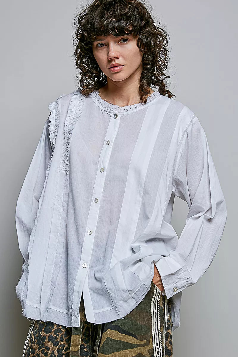 Pol Lightweight Ruffle Trim Round Neck Woven Shirt IVORY (top) - pol shirt, pol woven shirt, pol lightw - shop at us.meeeshop