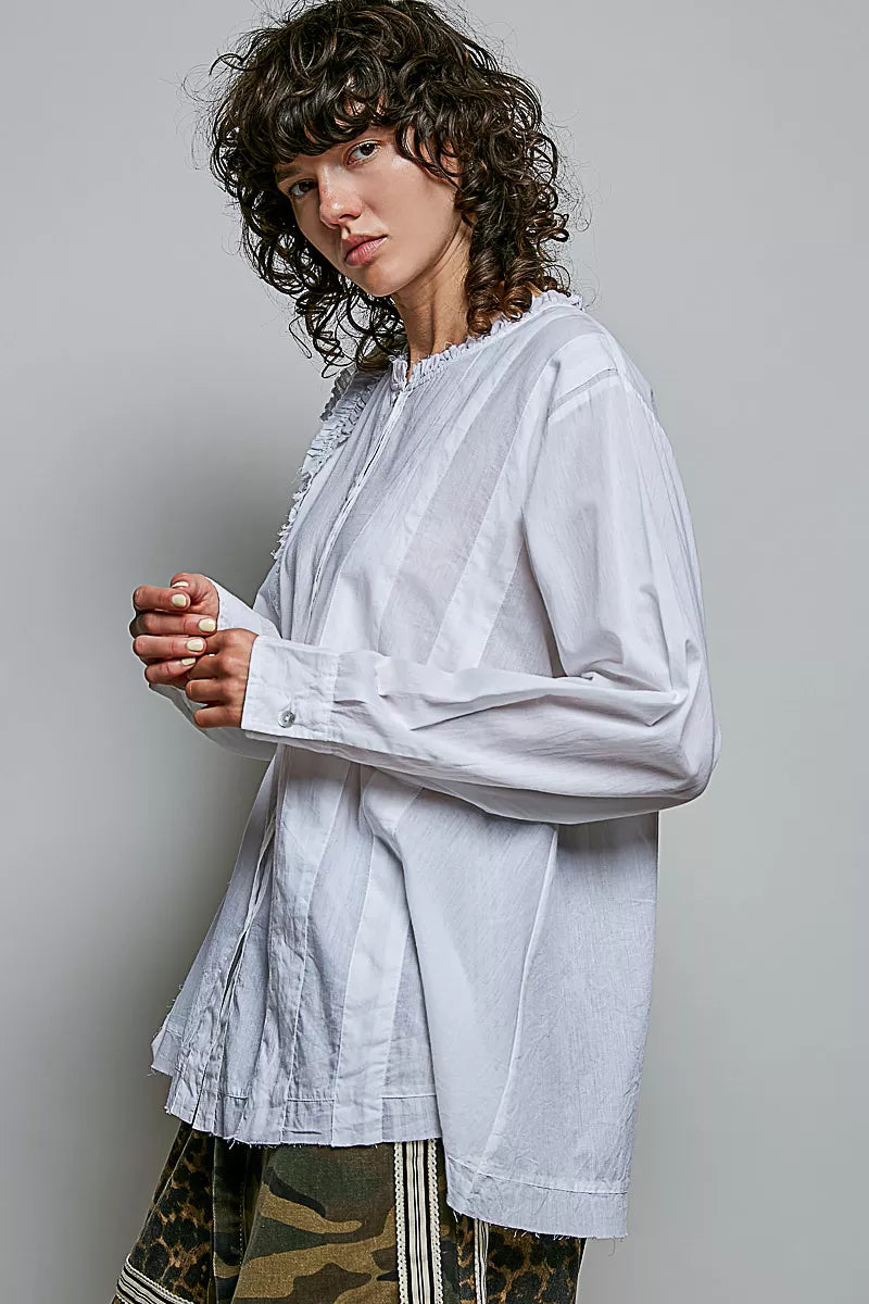 Pol Lightweight Ruffle Trim Round Neck Woven Shirt IVORY view 2 (top) - pol shirt, pol woven shirt, pol - shop at us.meeeshop