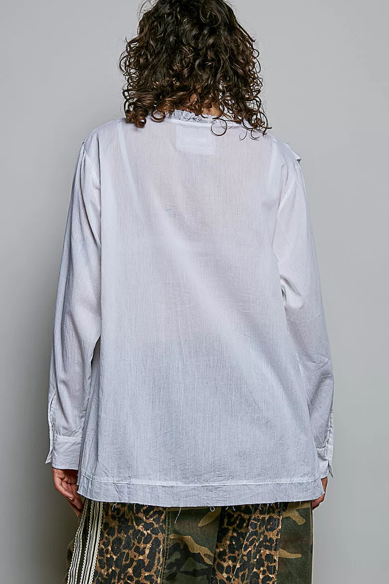 Pol Lightweight Ruffle Trim Round Neck Woven Shirt IVORY view 3 (top) - pol shirt, pol woven shirt, pol - shop at us.meeeshop