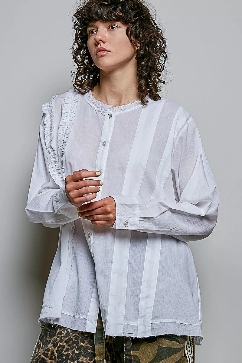 Pol Lightweight Ruffle Trim Round Neck Woven Shirt view 4 (top) - pol shirt, pol woven shirt, pol light - shop at us.meeeshop