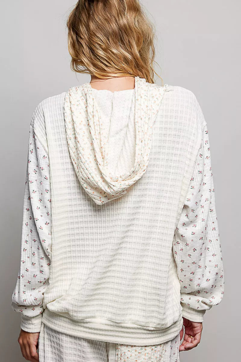 Pol Mixed Knit Contrast Print Sleeve Hoodie with Kangaroo Pocket NATURAL MULTI view 3 (top) - shop at us.meeeshop