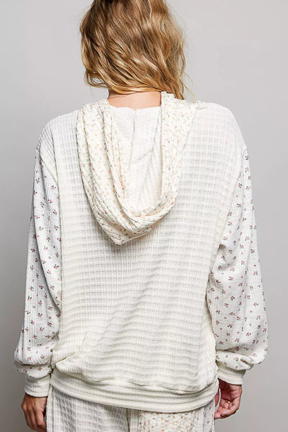 Pol Mixed Knit Contrast Print Sleeve Hoodie with Kangaroo Pocket NATURAL MULTI view 3 (top) - shop at us.meeeshop