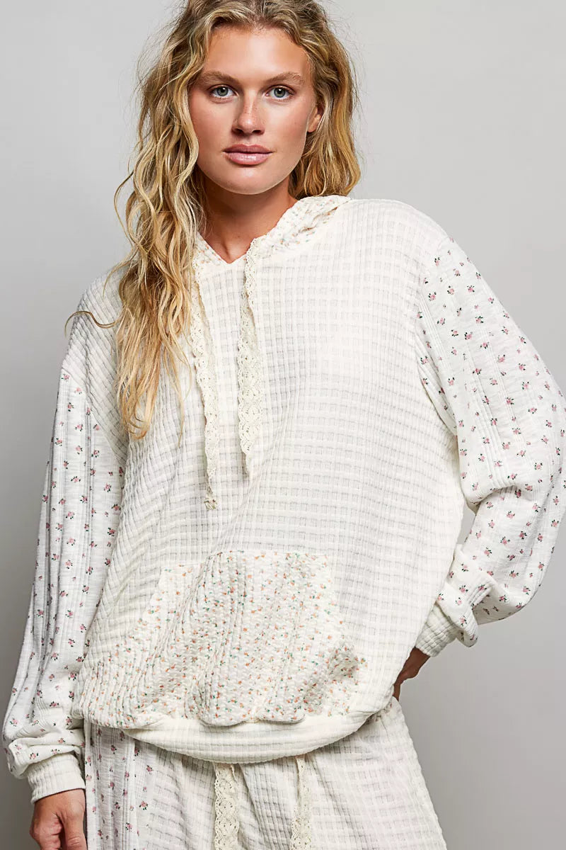 Pol Mixed Knit Contrast Print Sleeve Hoodie with Kangaroo Pocket view 4 (top) - pol hoodie, pol pocket  - shop at us.meeeshop