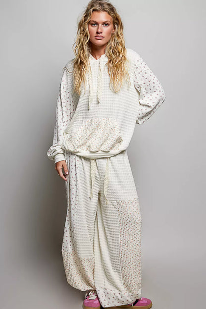 Pol Mixed Knit Contrast Print Sleeve Hoodie with Kangaroo Pocket view 5 (top) - pol hoodie, pol pocket  - shop at us.meeeshop