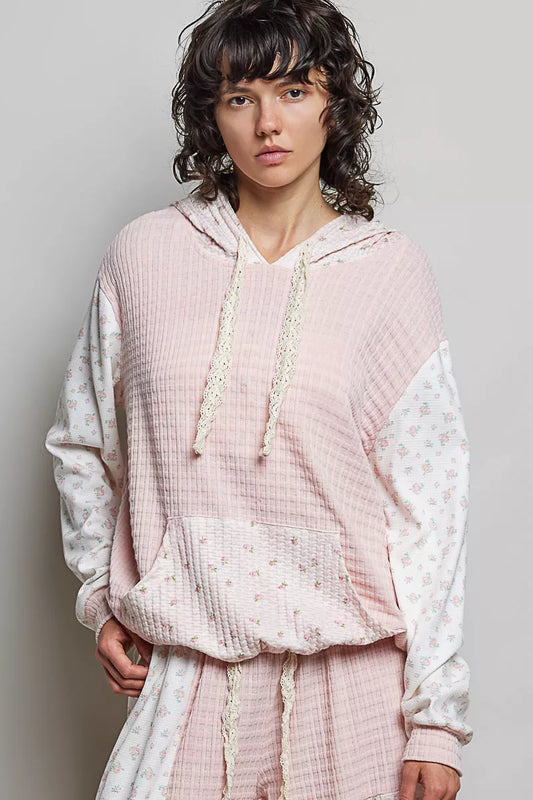 pol mixed knit Pol Mixed Knit Contrast Print Sleeve Hoodie with Kangaroo Pocket PINK MULTI (layer) - shop at us.meeeshop