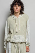 Pol Mixed Knit Contrast Print Sleeve Hoodie with Kangaroo Pocket SAGE MULTI (top) - pol hoodie, pol poc - shop at us.meeeshop
