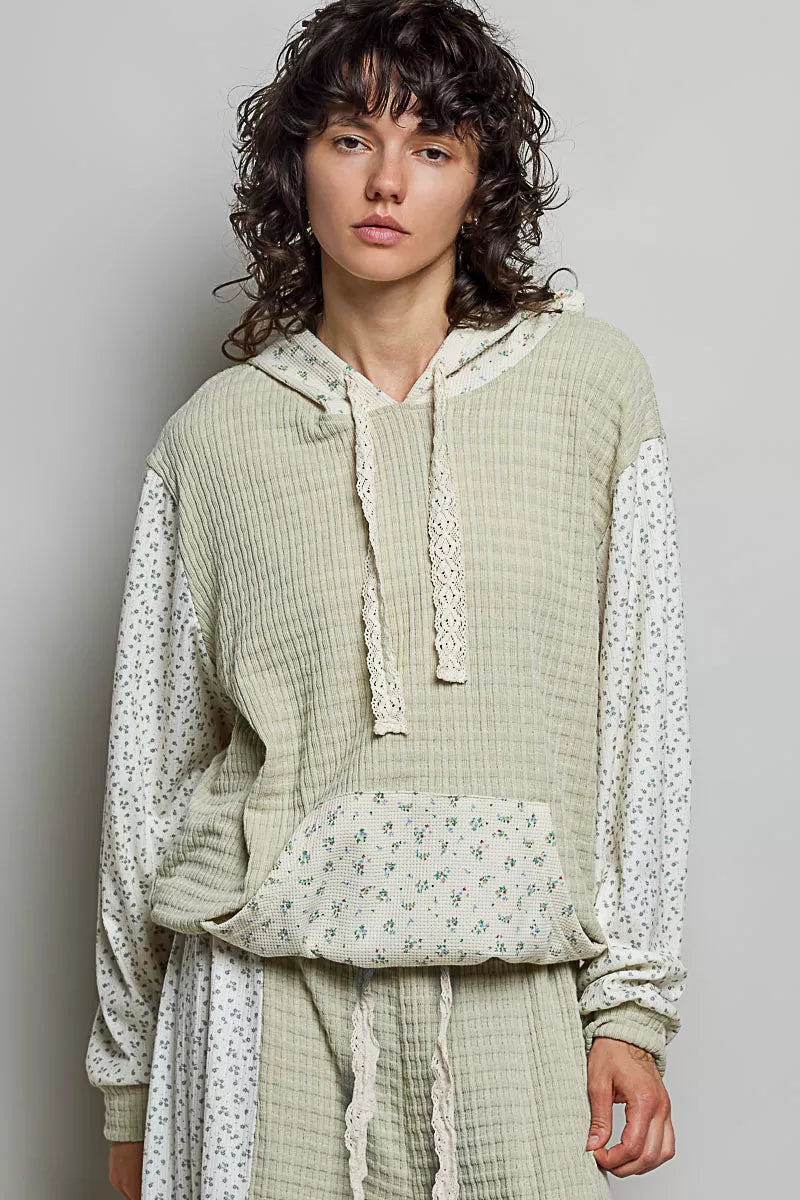 pol mixed knit Pol Mixed Knit Contrast Print Sleeve Hoodie with Kangaroo Pocket SAGE MULTI (layer) - shop at us.meeeshop