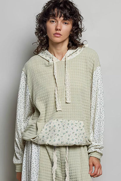 pol mixed knit Pol Mixed Knit Contrast Print Sleeve Hoodie with Kangaroo Pocket SAGE MULTI (layer) - shop at us.meeeshop