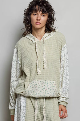 Pol Mixed Knit Contrast Print Sleeve Hoodie with Kangaroo Pocket